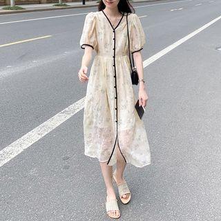 V-neck Floral Button-up A-line Dress