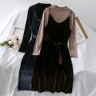 Set: Sleeveless Velvet Dress With Sash + T-shirt