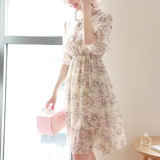 Frilled Tie-neck Midi Floral Dress In 2 Pattern
