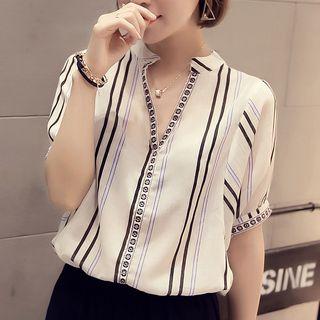 Set: Short-sleeve V-neck Striped Blouse + Sheer Panel Harem Pants