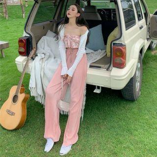 Rib Knit Cardigan / Floral Print Strapless Top / Wide-leg Pants
