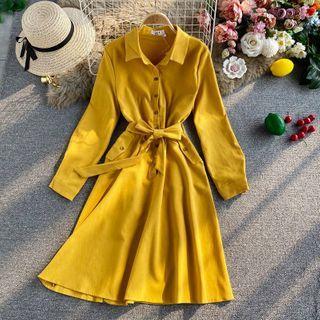 Tie-waist Plain Long-sleeve Shirtdress