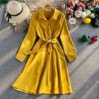 Tie-waist Plain Long-sleeve Shirtdress