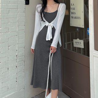 Plain Cardigan / Spaghetti Strap Side-slit Midi A-line Dress