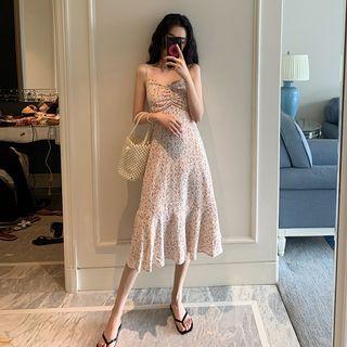 Spaghetti Strap Floral Print Shirred Midi Dress