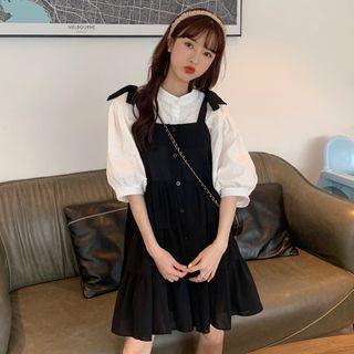 3/4-sleeve Shirt / Mini A-line Pinafore Dress
