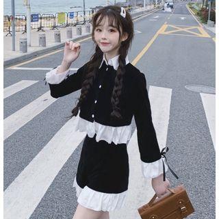 Ruffle Peter Pan Collar Top + Ruffle High-waist Shorts Set