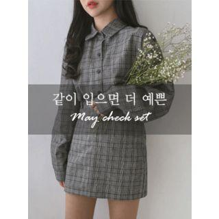 Set: Plaid Loose-fit Shirt + Band-waist Skirt
