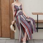 Set : Striped Chiffon Suspender + Slit Wide-leg Pants