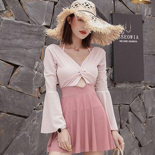 Set: Bell-sleeve Color Block Swim Dress + Bikini Top