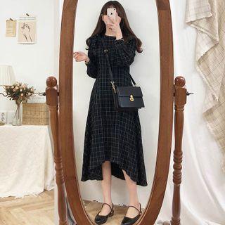 Long-sleeve Plaid Asymmetrical A-line Dress