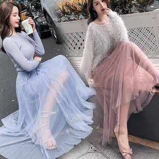 Cubic-beaded Long Tulle Skirt
