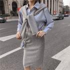 Set: Mock Two-piece Shirt + High Waist Pencil Skirt
