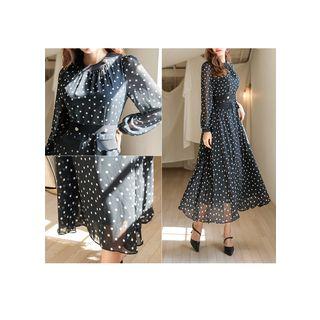 Button-detail Dotted Long Chiffon Dress