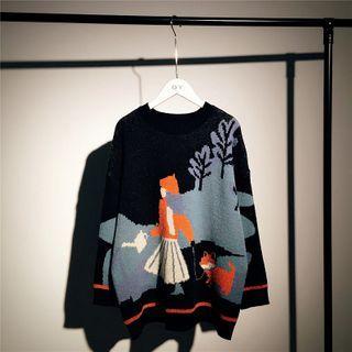 Round-neck Cartoon Printed Long-sleeve Knitted Top