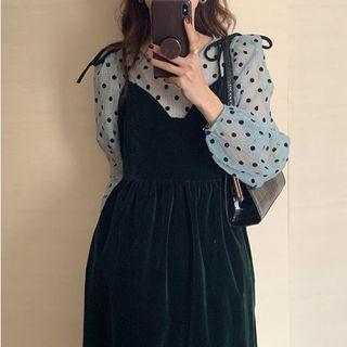 Dotted Blouse / Spaghetti Strap Velvet Midi A-line Dress