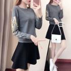 Set: Long-sleeve Sequined Knit Top + Mini A-line Skirt