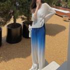 Long-sleeve Cut-out T-shirt / Sleeveless Top / Gradient Wide-leg Pants