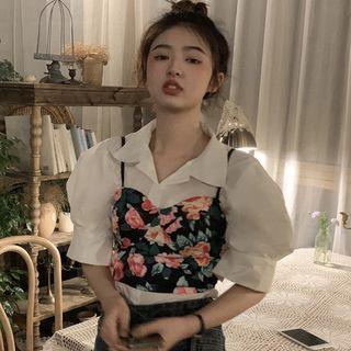 Puff-sleeve Plain Shirt / Floral Cropped Camisole Top