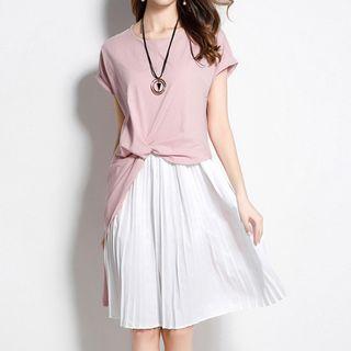 Color Panel Pleated Hem Short Sleeve Dress
