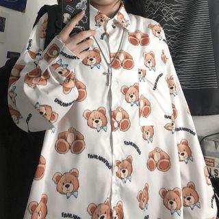 Cartoon Bear Patterned Button-down Shirt