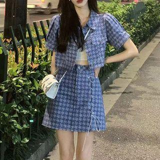 Set: Short-sleeve Houndstooth Shirt Jacket + Lace-up A-line Skirt