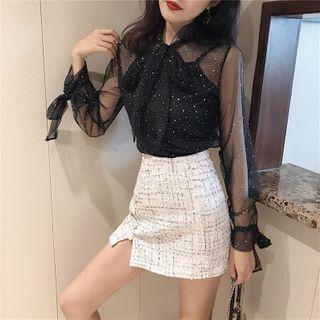 Set: Long-sleeve Glitter Mesh Blouse + Camisole Top