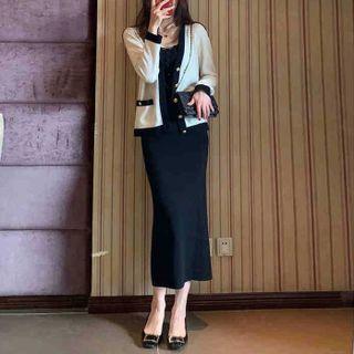 Two-tone Cardigan / Maxi Sheath Dress / Set