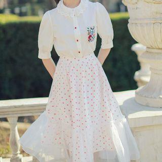 Set: Short-sleeve Shirt + Dotted Overlay Skirt