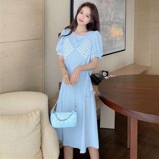 Lace Panel Short-sleeve Tie-waist Midi A-line Dress