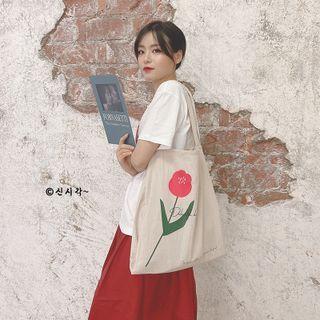 Flower Print Tote Bag Flower - Red & White - One Size
