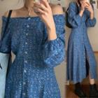 Floral Square-neck Midi Dress Blue - One Size