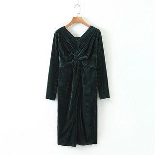 Long-sleeve Crinkled Midi Velvet Dress