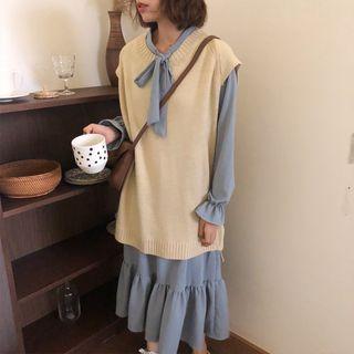 Long-sleeve Tie-neck Midi A-line Dress / Long Knit Vest