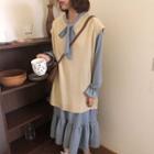 Long-sleeve Tie-neck Midi A-line Dress / Long Knit Vest
