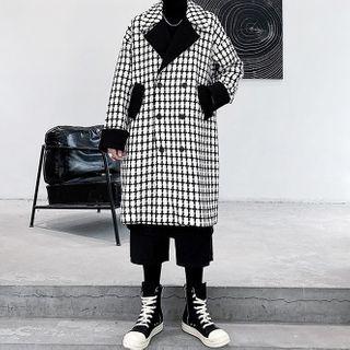 Double-breasted Color-block Check Coat