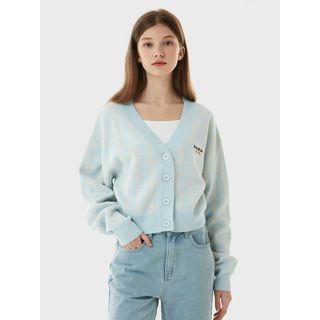 Logo-embroidered Checked Cropped Cardigan Light Blue - One Size