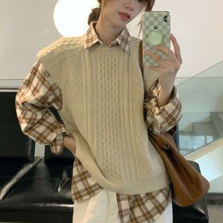 Linen Flower Round-neck Sweater Vest / Plaid Shirt