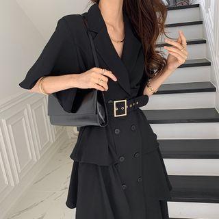 Elbow-sleeve Ruffle Hem Midi A-line Dress