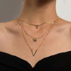 Letter V Butterfly Pendant Layered Necklace