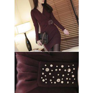 Puff-shoulder Beaded Sheath Dress