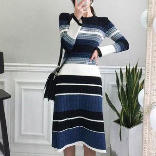 Long-sleeve Striped A-line Knit Dress As Shown In Figure - One Size