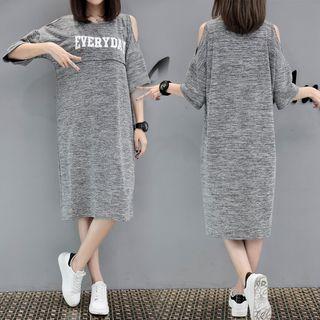 3/4-sleeve Cutout Shoulder Lettering Dress