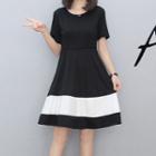 Short-sleeve Contrast Panel A-line Mini Dress