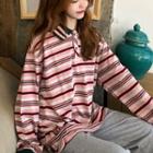 Polo Collar Long-sleeve Striped T-shirt Pink - One Size