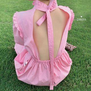 Ruffle Trim Short-sleeve Cutout-back Midi A-line Dress