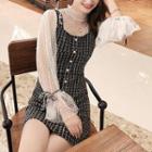 Set: Long-sleeve Mesh Top + Plaid Mini Pinafore Dress
