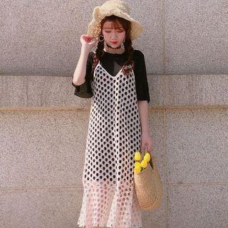 Set: Short-sleeve T-shirt Dress + Strappy Mesh Dress