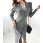V-neck Wool Blend Rib-knit Long Dress