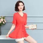 Elbow-sleeve Perforated Trim Chiffon Top